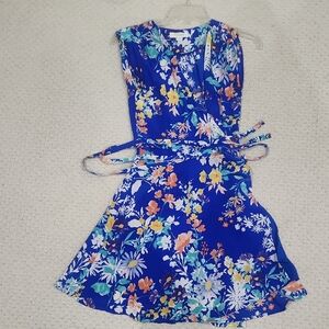 Yumi Kim Blue Floral Cap Sleeve V Neck Flare Above Knee Dress